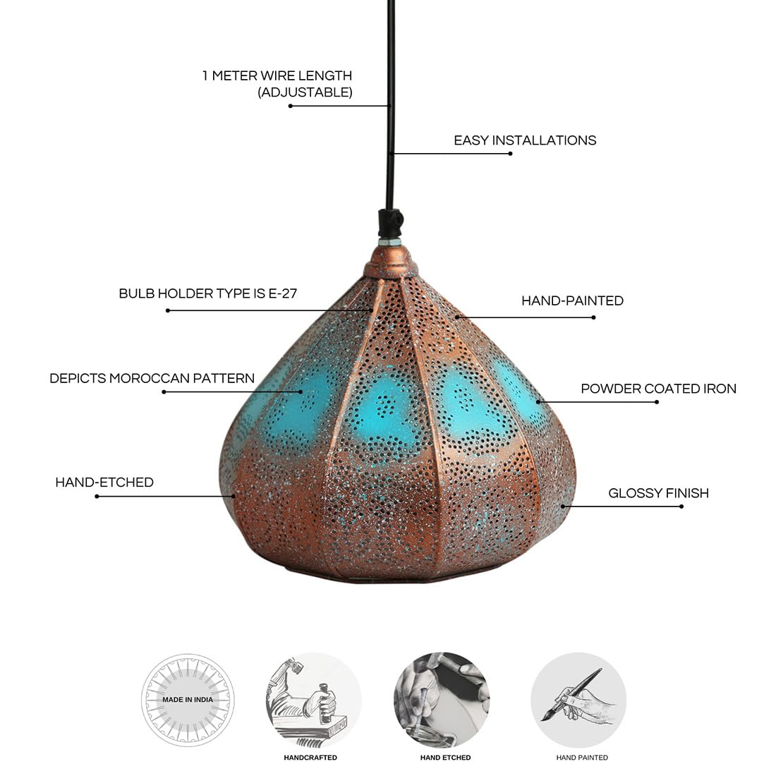 8.6 Inch Iron Pendant Hanging Light – Copper & Blue Glossy Finish Ceiling Lamp For Living Room & Bedroom