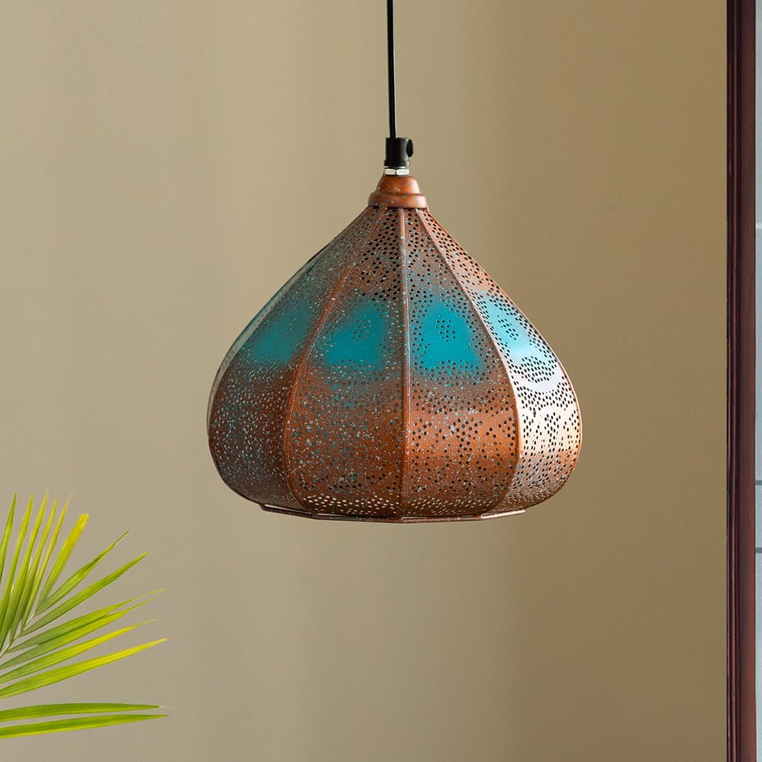 8.6 Inch Iron Pendant Hanging Light – Copper & Blue Glossy Finish Ceiling Lamp For Living Room & Bedroom