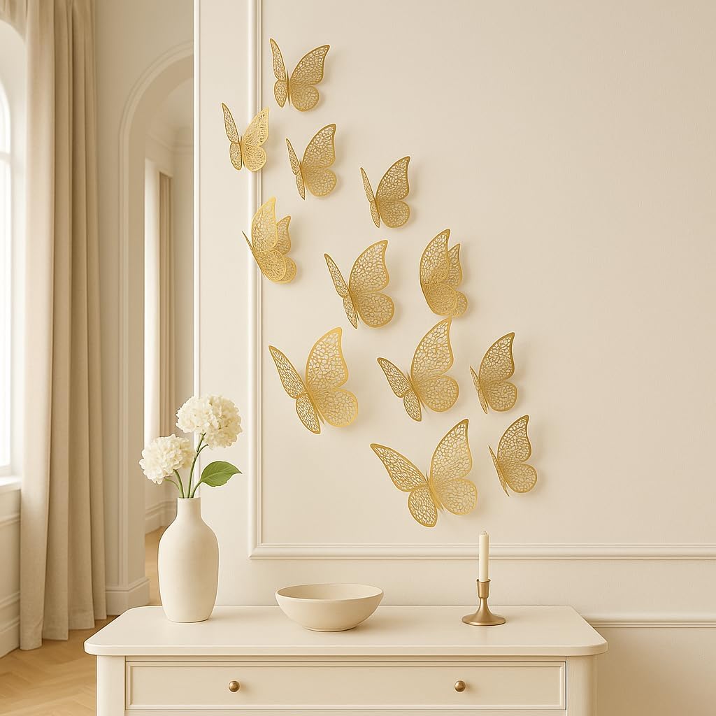 3D Metallic Butterfly Wall Stickers – 12 Pcs Rose Gold DIY Home Decor Set