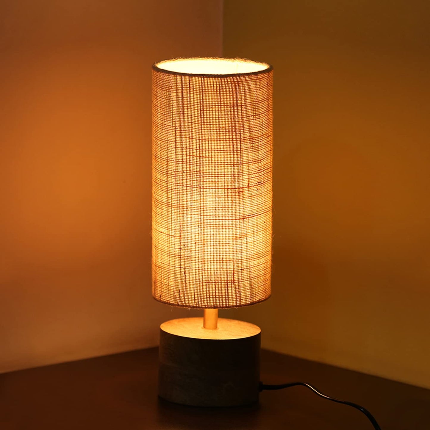 Mango Wooden Table Lamp – 14 Inch Bedside & Living Room Lamp With Linen Shade (Without Bulb)