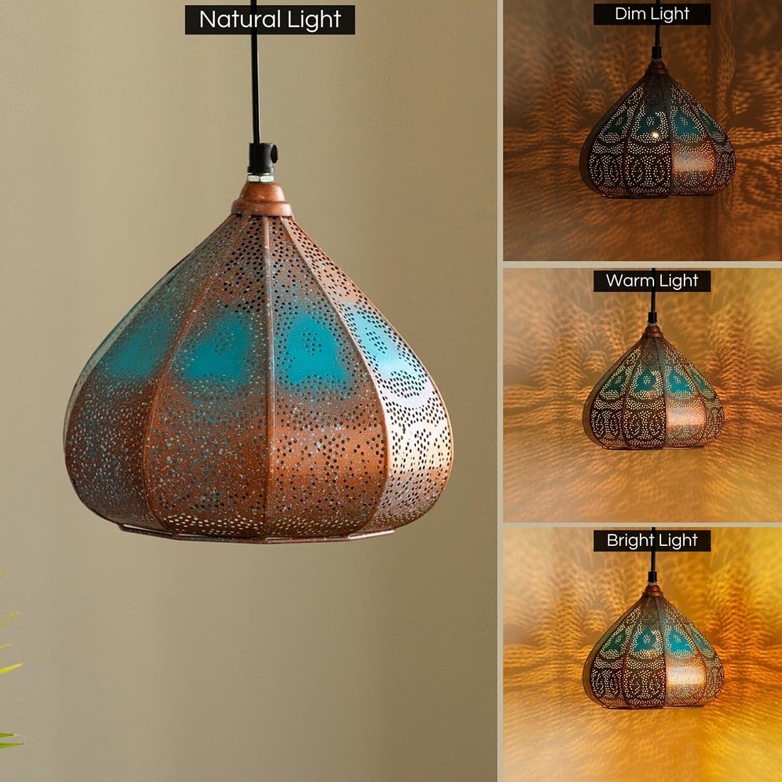 8.6 Inch Iron Pendant Hanging Light – Copper & Blue Glossy Finish Ceiling Lamp For Living Room & Bedroom