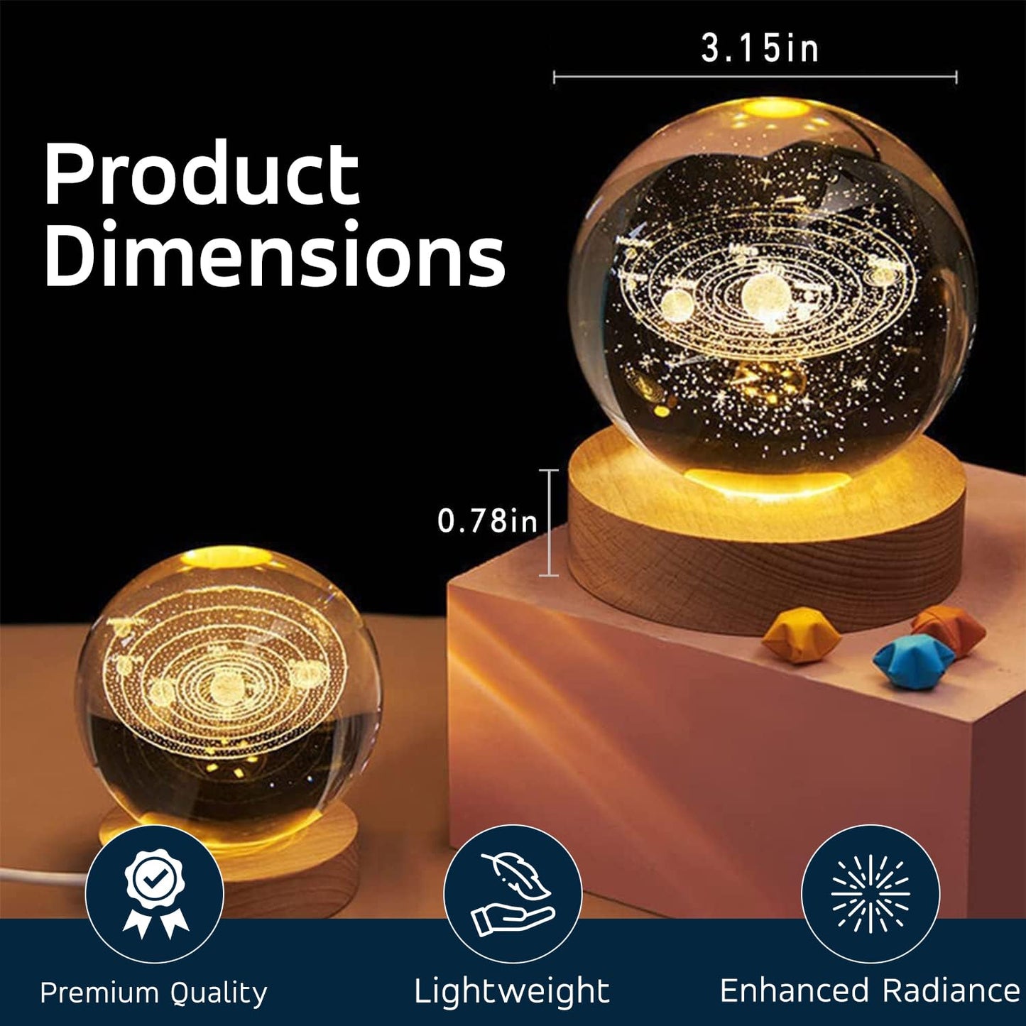 Universe Crystal Ball Night Light – 2.4 Inch LED Glass Lamp With Wooden Base, Gift For Kids, Teens & Adults