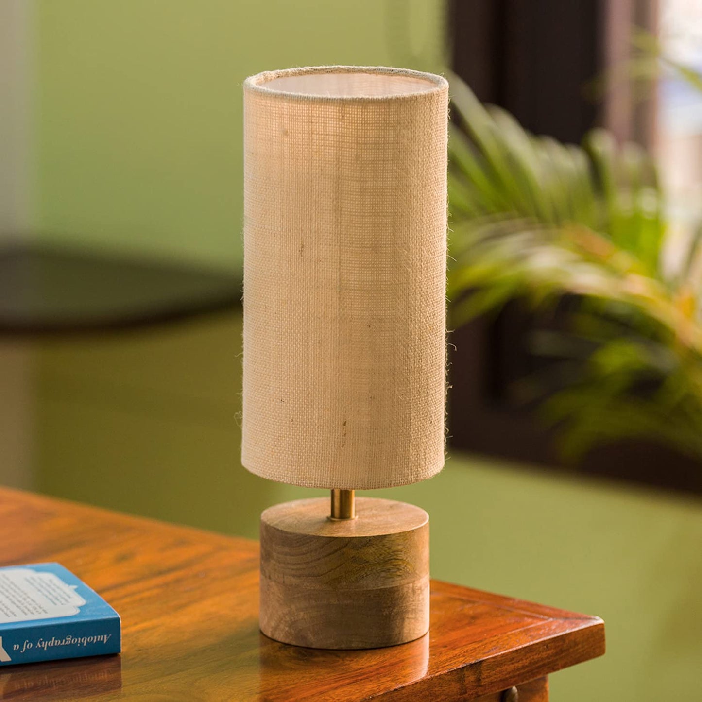 Mango Wooden Table Lamp – 14 Inch Bedside & Living Room Lamp With Linen Shade (Without Bulb)