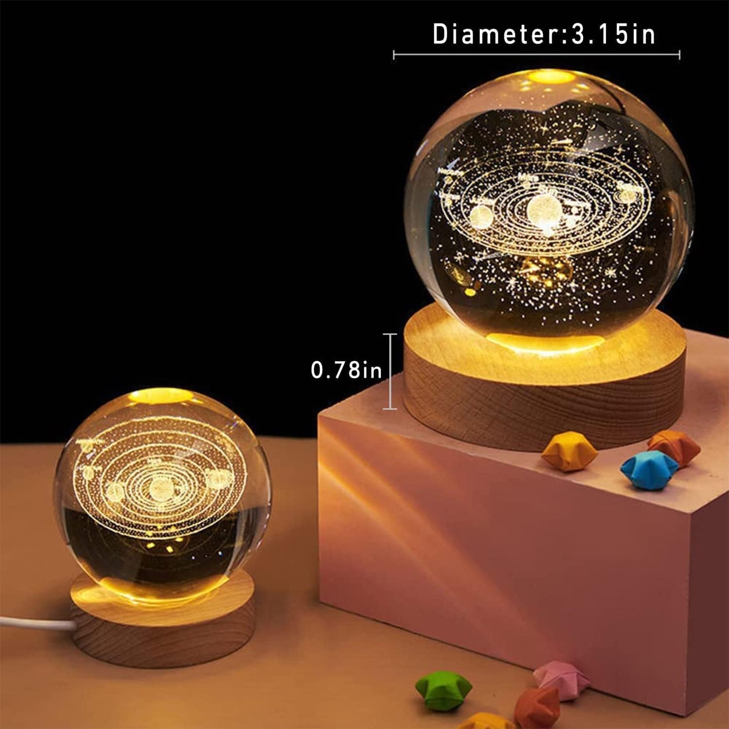Universe Crystal Ball Night Light – 2.4 Inch LED Glass Lamp With Wooden Base, Gift For Kids, Teens & Adults