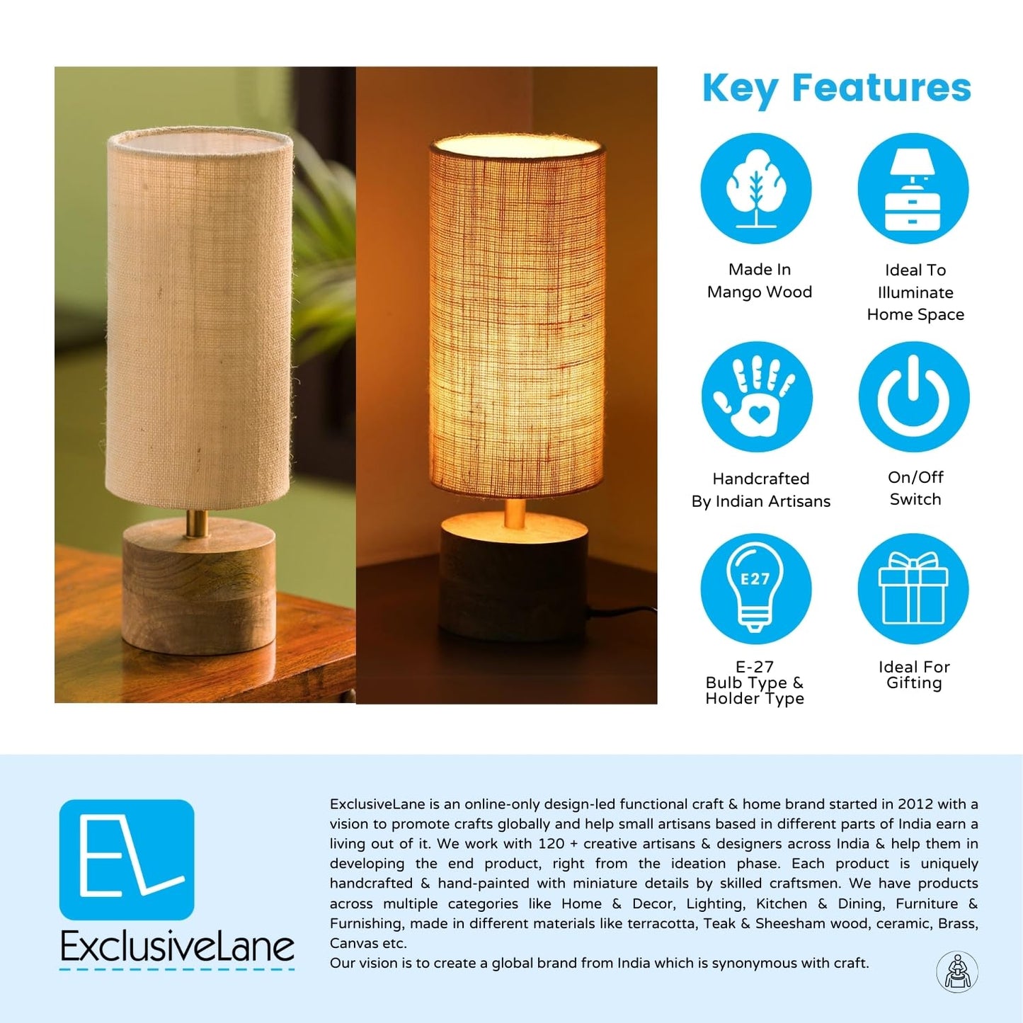 Mango Wooden Table Lamp – 14 Inch Bedside & Living Room Lamp With Linen Shade (Without Bulb)