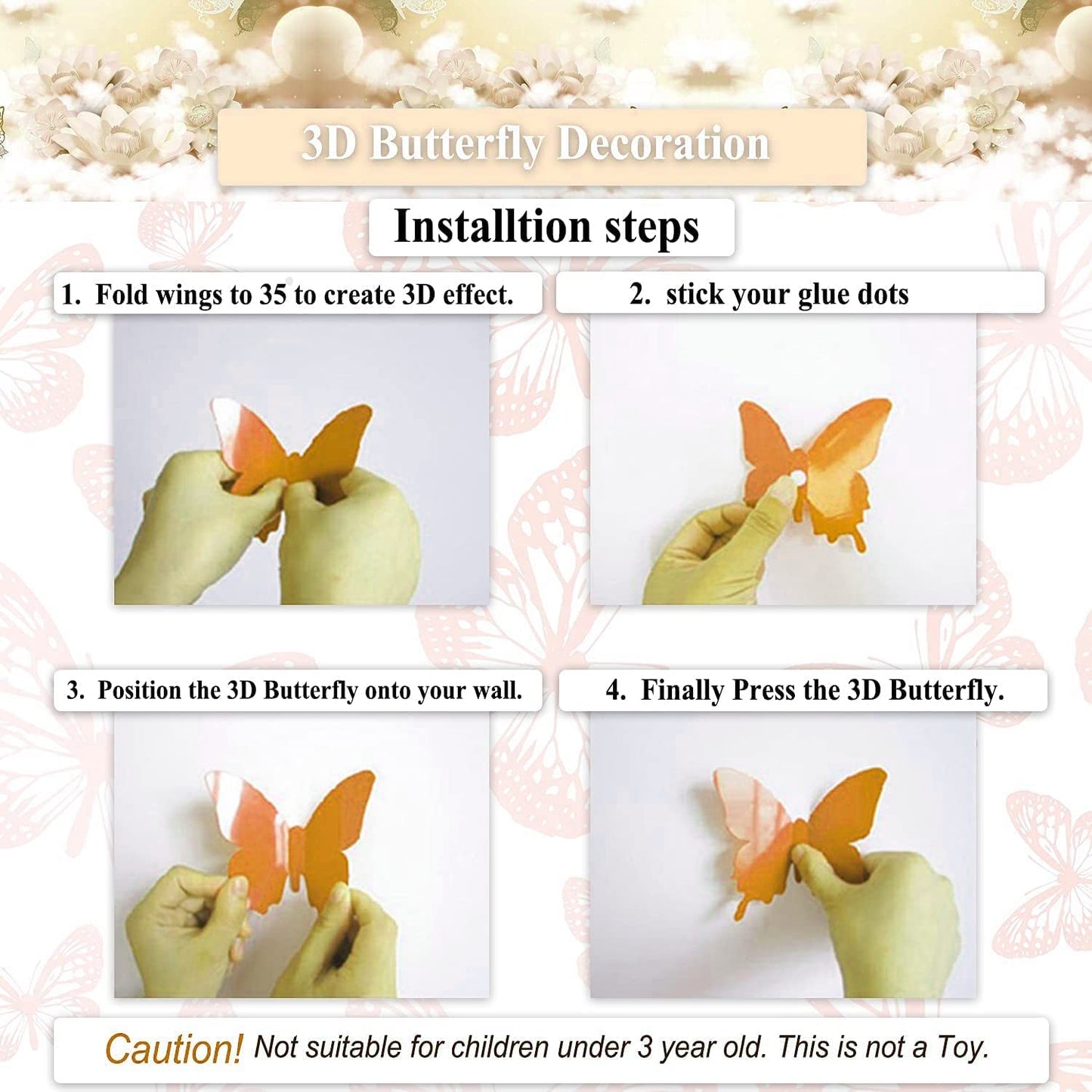 3D Metallic Butterfly Wall Stickers – 12 Pcs Rose Gold DIY Home Decor Set