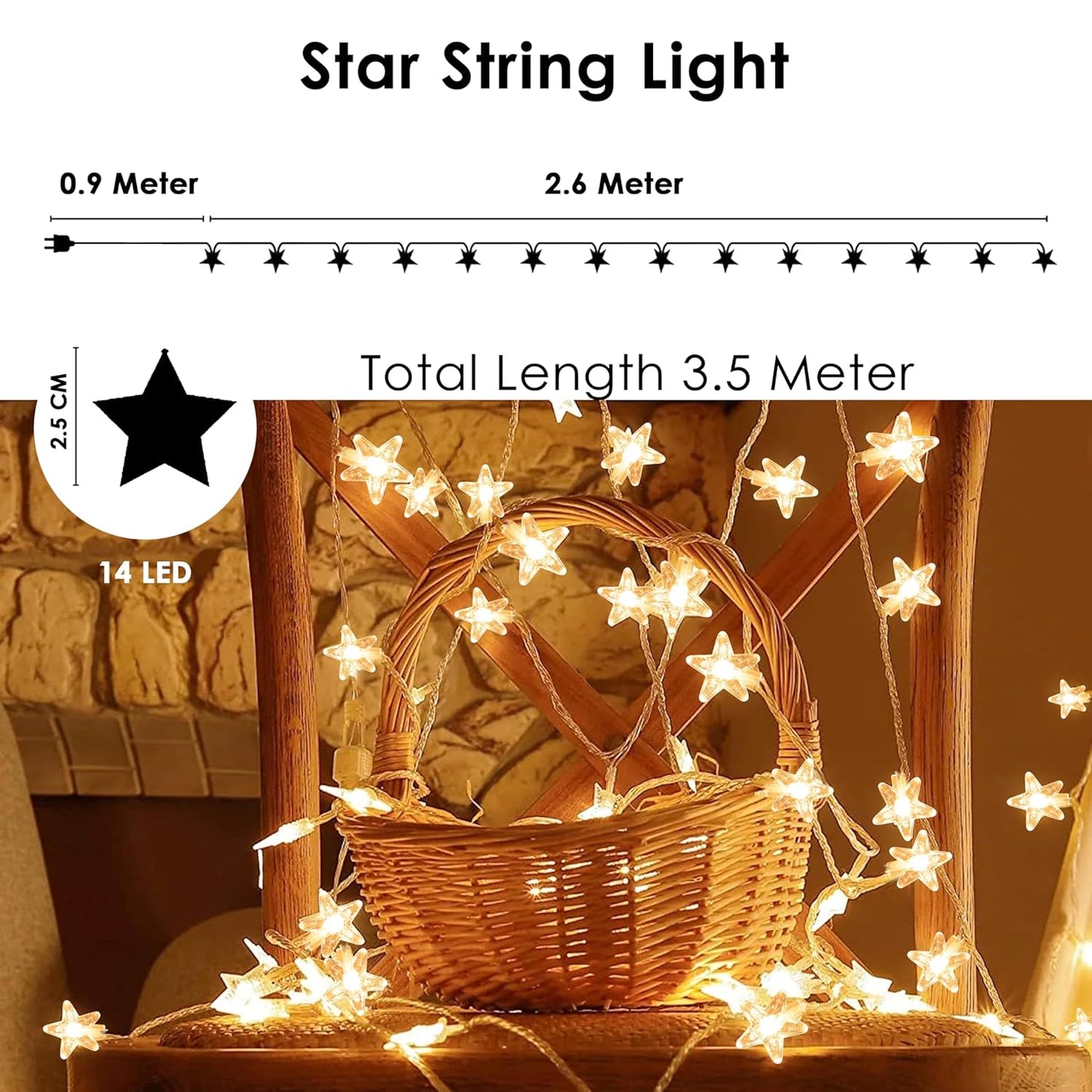 Gesto 14 LED Crystal Star String Lights – 10 Ft Warm White Fairy Lights For Home & Festival Decoration
