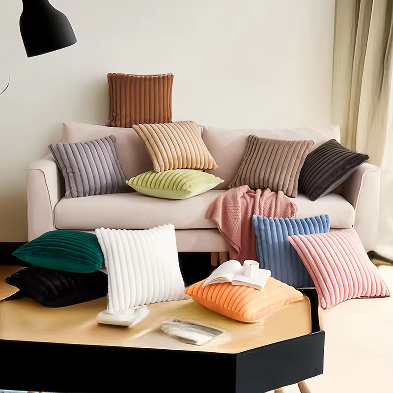 Fleece Sofa Cushion Covers – High-Quality Woven Striped Square Pillow Cases