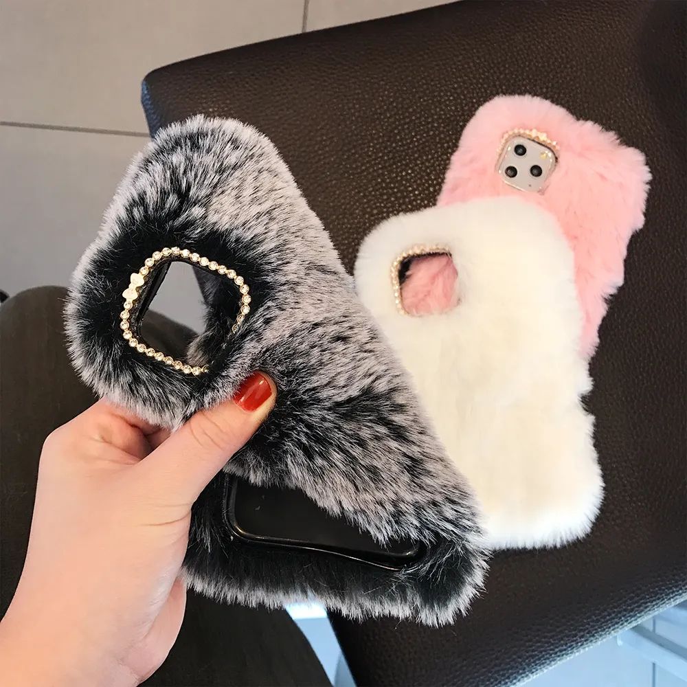 Luxury Diamond Love Fluffy Plush Fur Phone Case For iPhone X–17 Pro Max