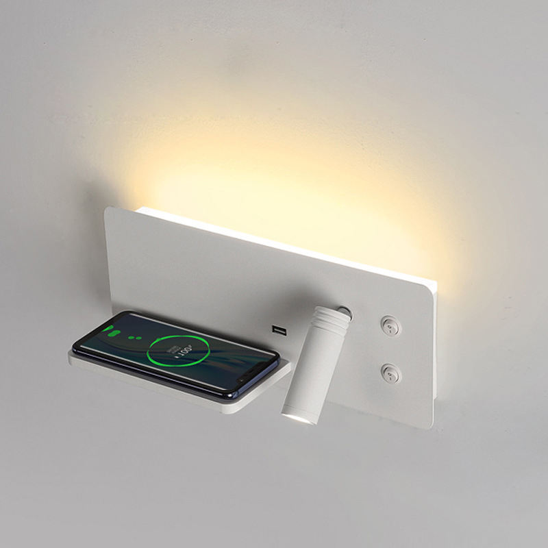 Multifunction LED Wall Lamp – Bedside Sconce with USB & Wireless Phone Charging