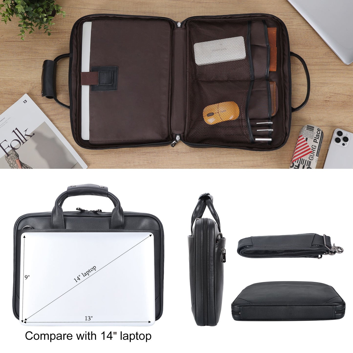 New Arrival Black Leather Office Briefcase – Men’s Business 14’’ Laptop Portfolio Bag