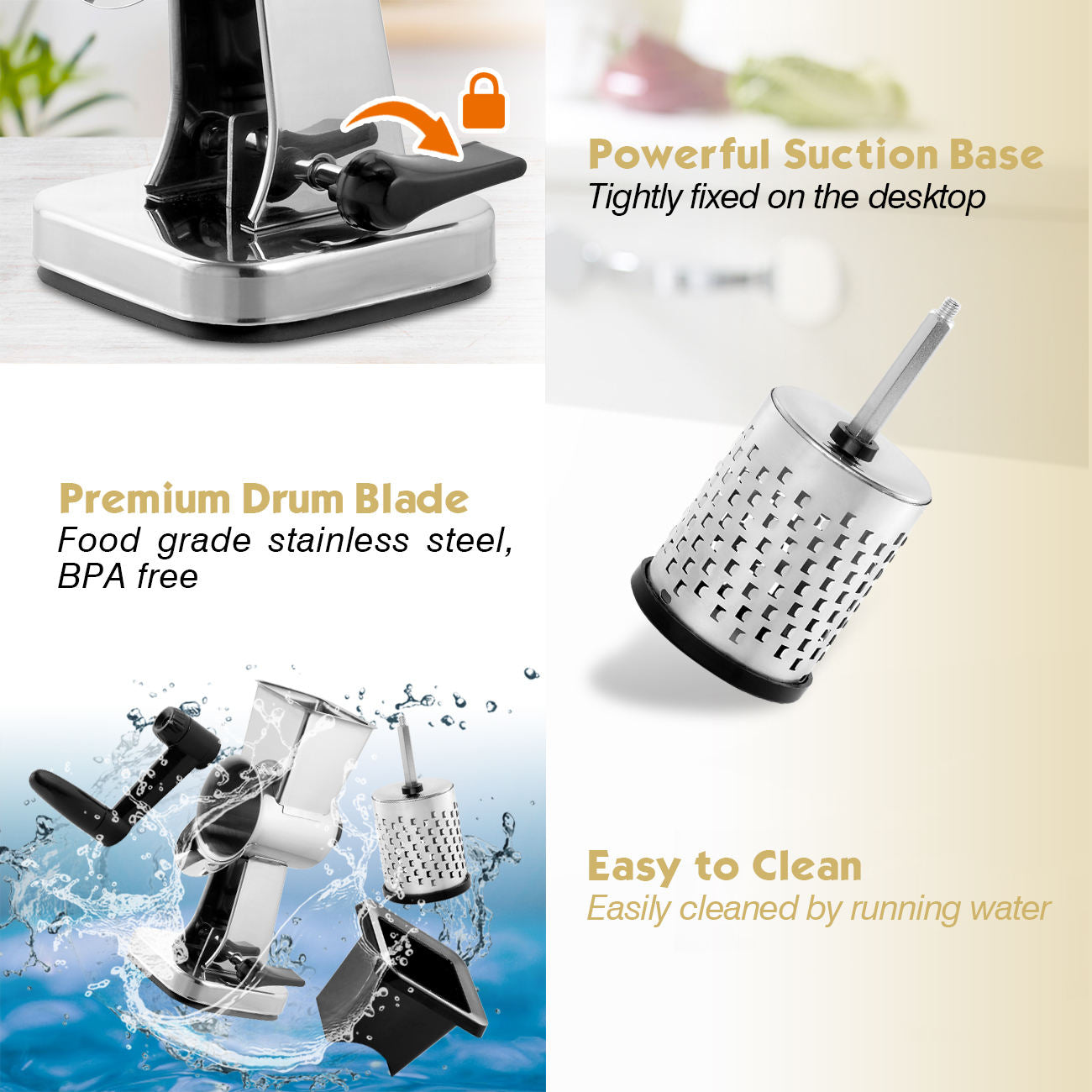 Rotary Cheese Grater With 3 Drum Blades – Hand Crank Vegetable Slicer & Strong Suction Base