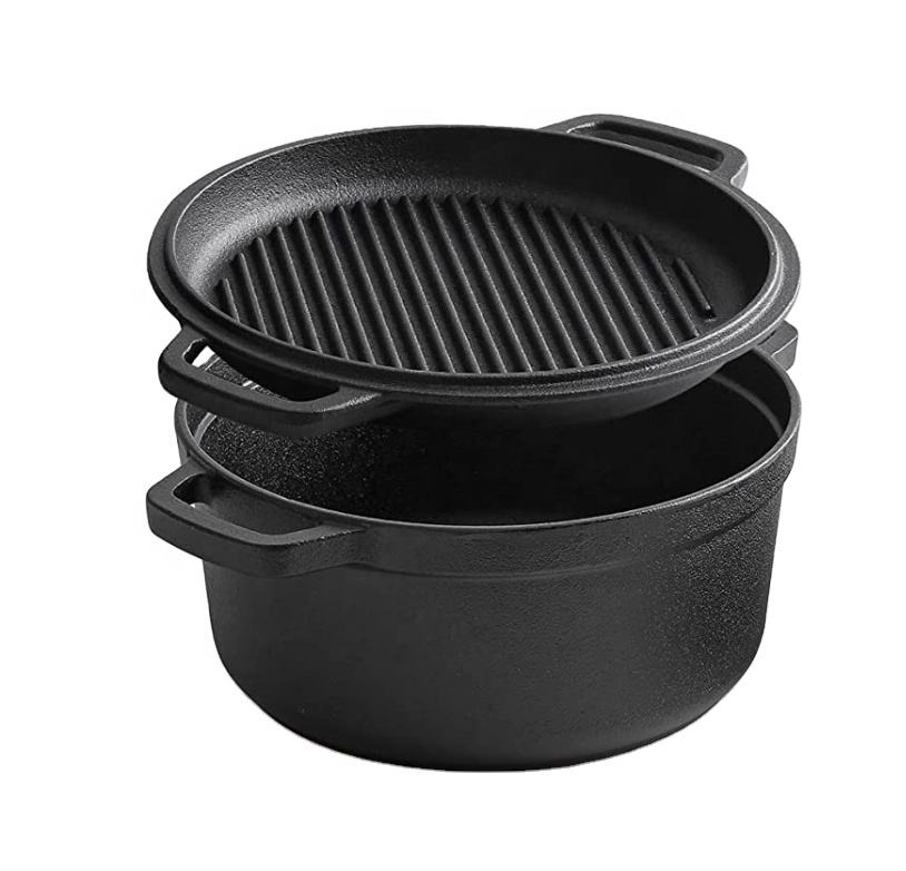 Pre-Seasoned Cast Iron Dutch Oven – 2-in-1 Pot With Skillet Pan Combo Cooker