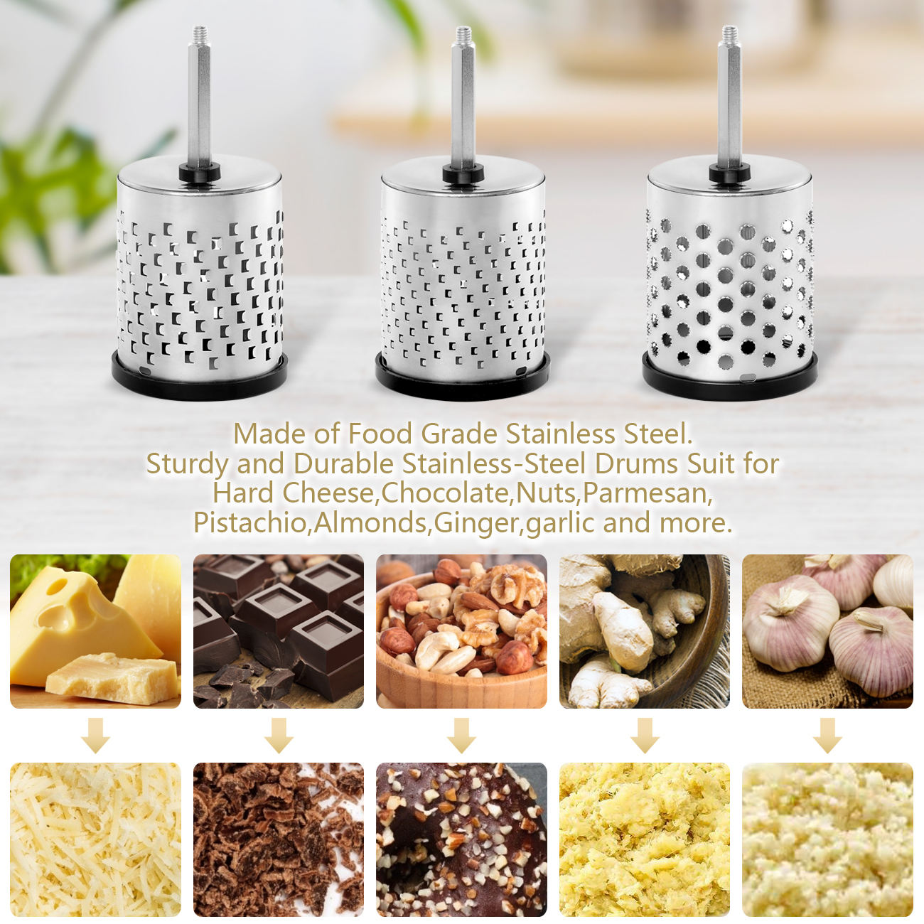 Rotary Cheese Grater With 3 Drum Blades – Hand Crank Vegetable Slicer & Strong Suction Base