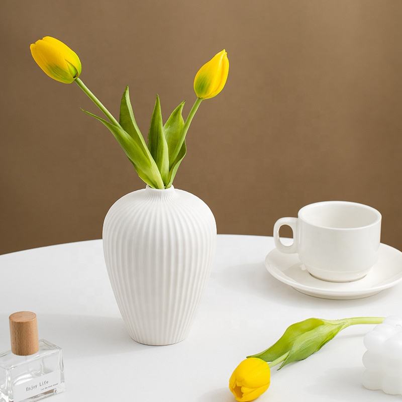 Handmade White Ceramic Vase – Contemporary Striped Bisque Vase For Pampas Grass & Decoration