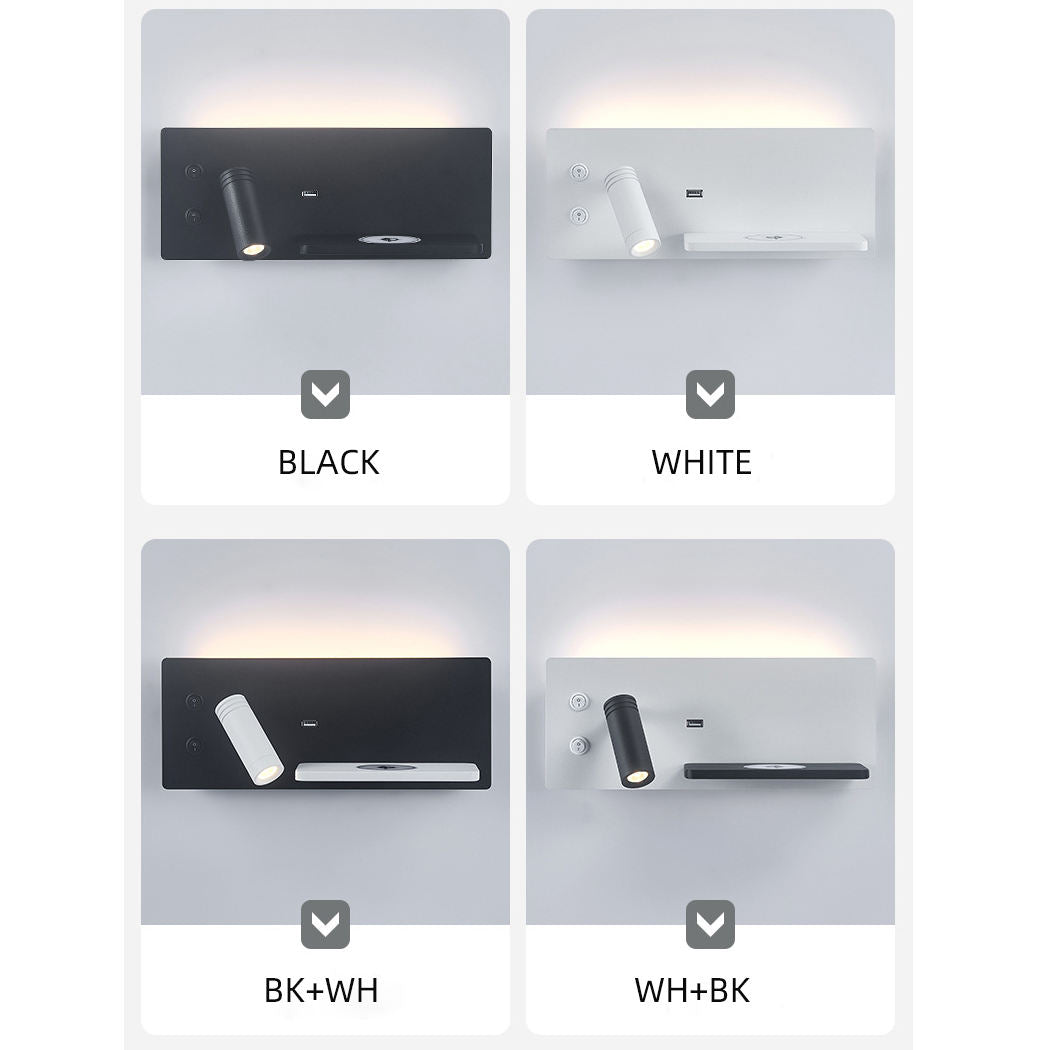 Multifunction LED Wall Lamp – Bedside Sconce with USB & Wireless Phone Charging
