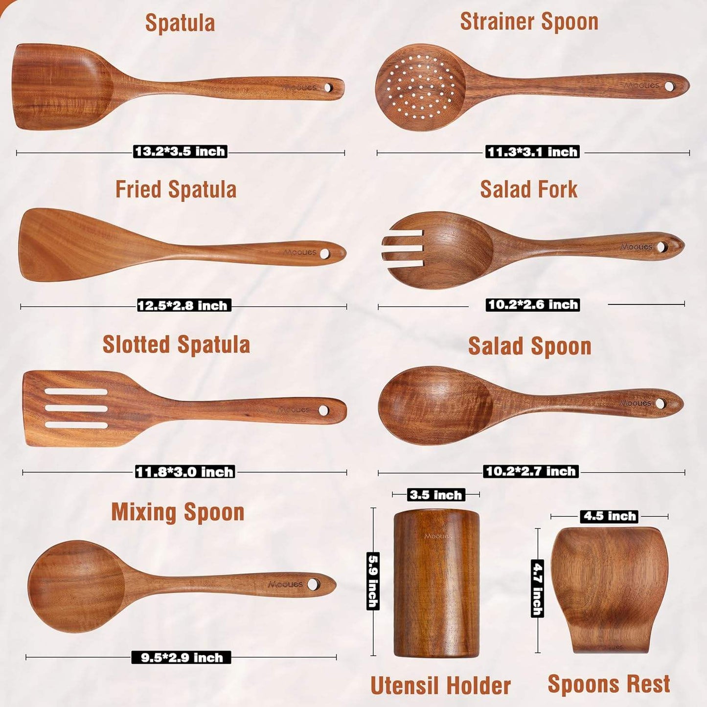 Natural Teak Wooden Kitchen Utensil Set – Cooking Spoons With Holder & Spoon Rest