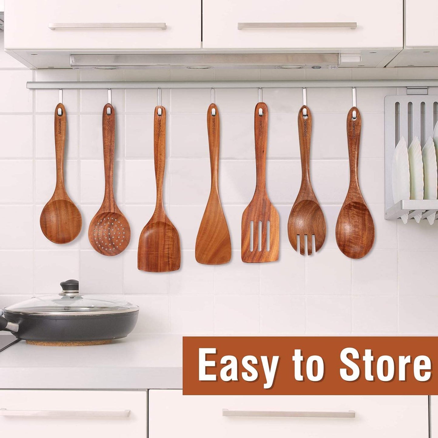 Natural Teak Wooden Kitchen Utensil Set – Cooking Spoons With Holder & Spoon Rest