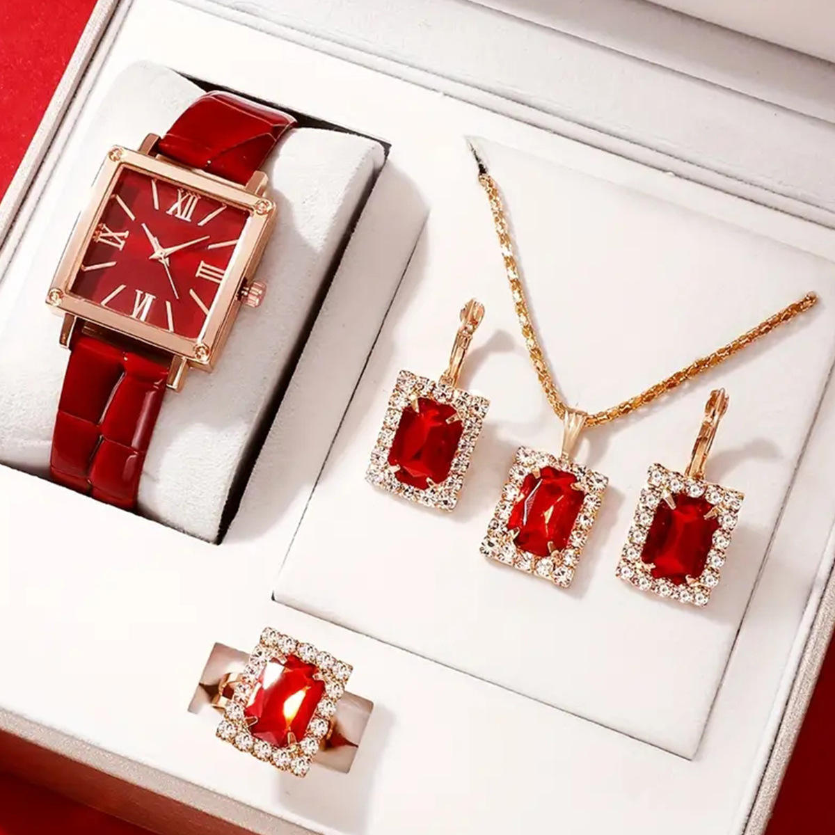 Popular 5PCS Women’s Quartz Watch Set – Square Case Fashion Jewelry Accessories