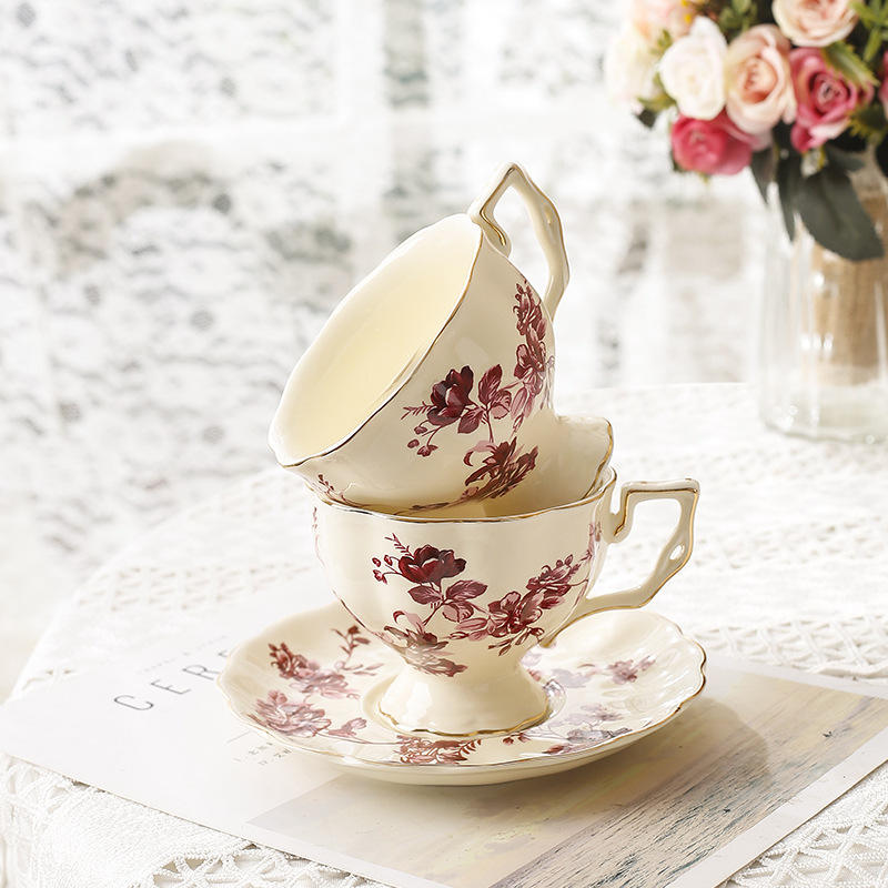 Vintage Ceramic Tea & Coffee Cup Set – Luxury Turkish Style With Floral Print & Saucers