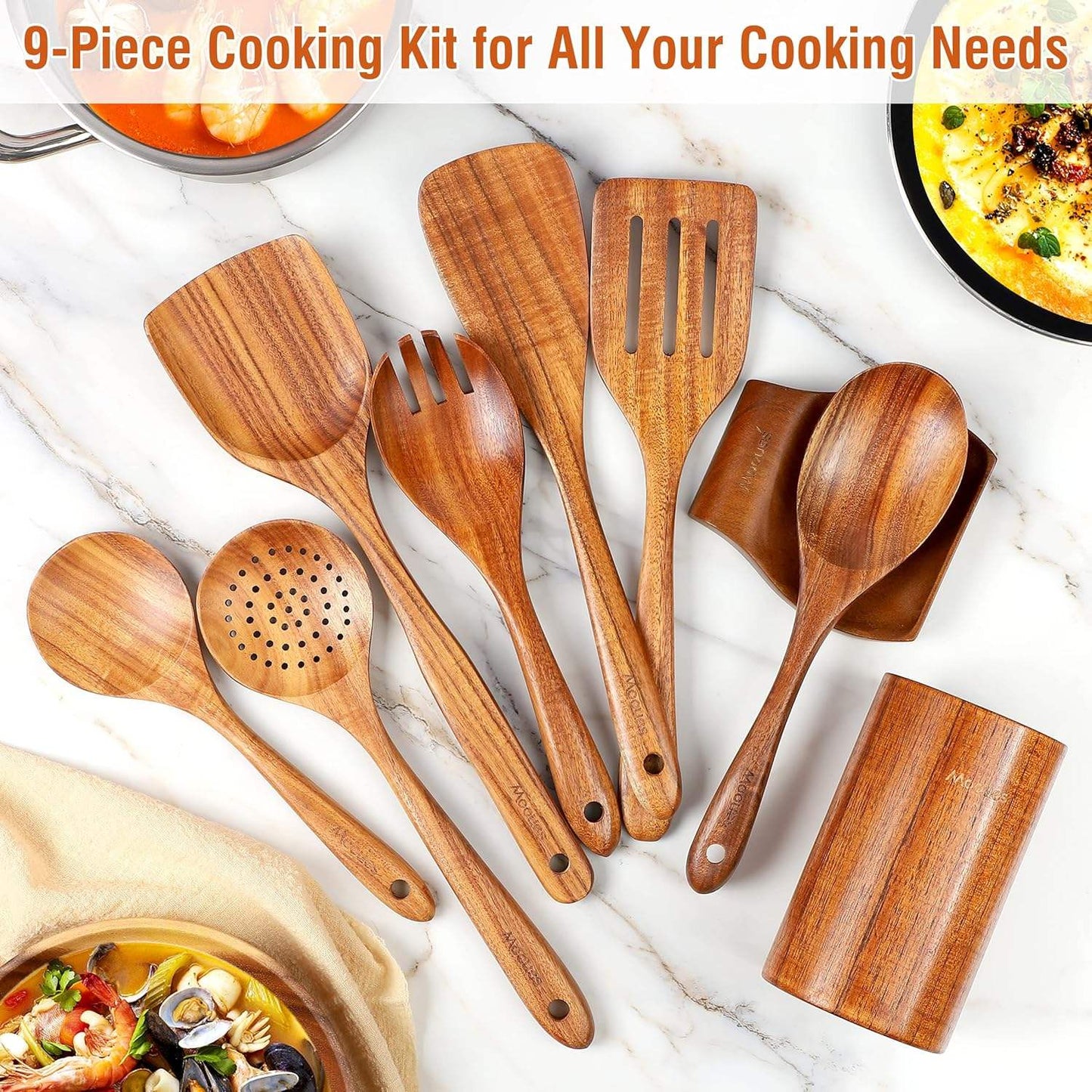 Natural Teak Wooden Kitchen Utensil Set – Cooking Spoons With Holder & Spoon Rest