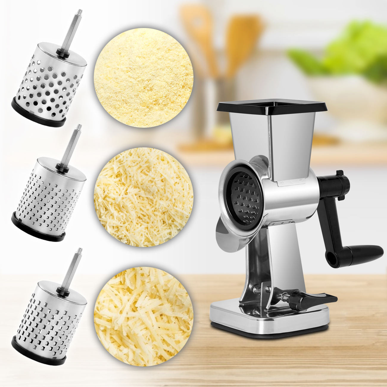 Rotary Cheese Grater With 3 Drum Blades – Hand Crank Vegetable Slicer & Strong Suction Base