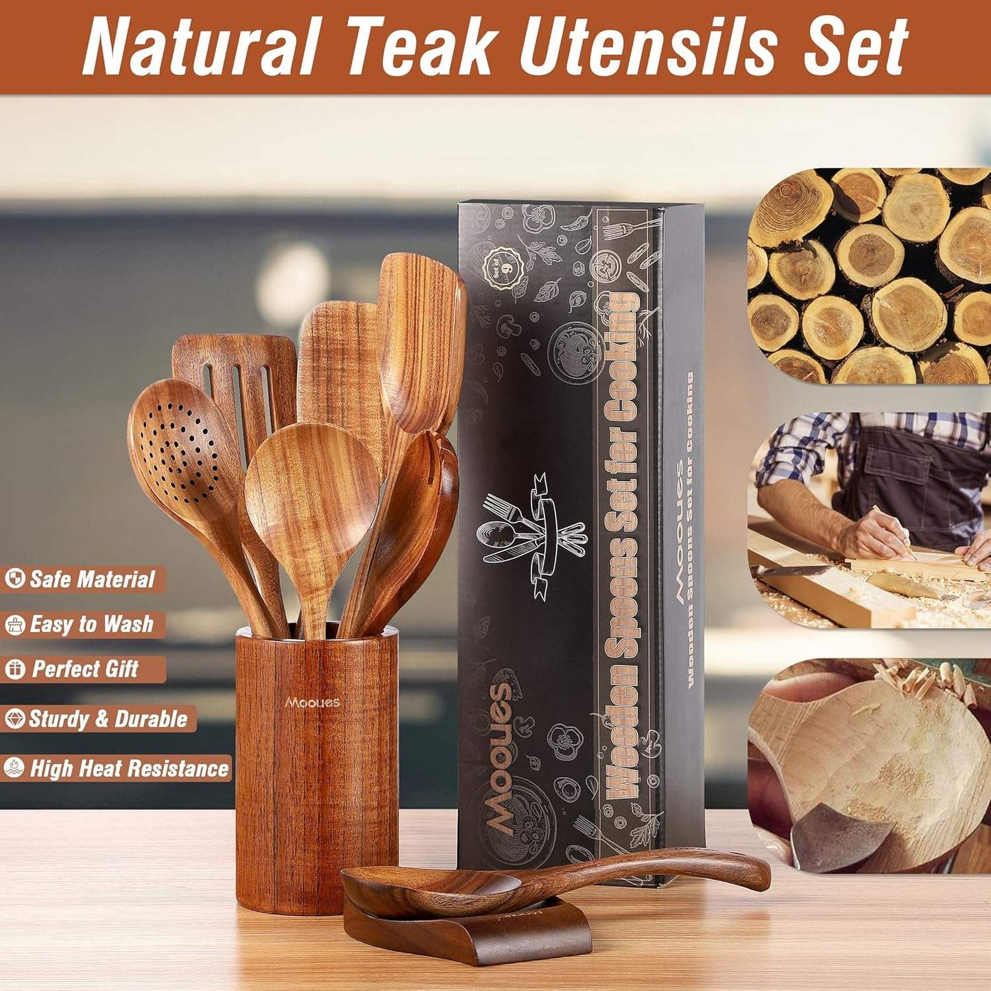 Natural Teak Wooden Kitchen Utensil Set – Cooking Spoons With Holder & Spoon Rest