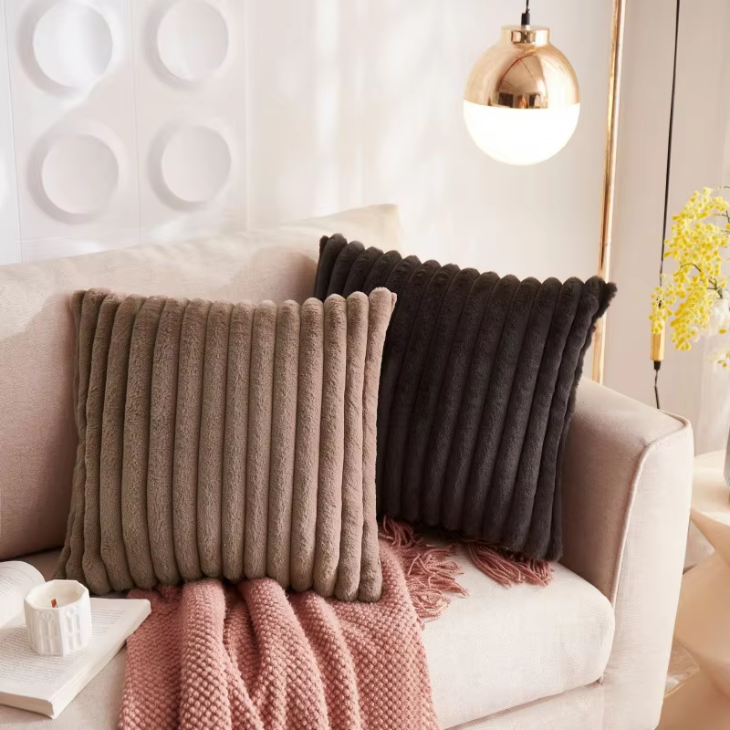 Fleece Sofa Cushion Covers – High-Quality Woven Striped Square Pillow Cases