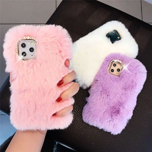 Luxury Diamond Love Fluffy Plush Fur Phone Case For iPhone X–17 Pro Max
