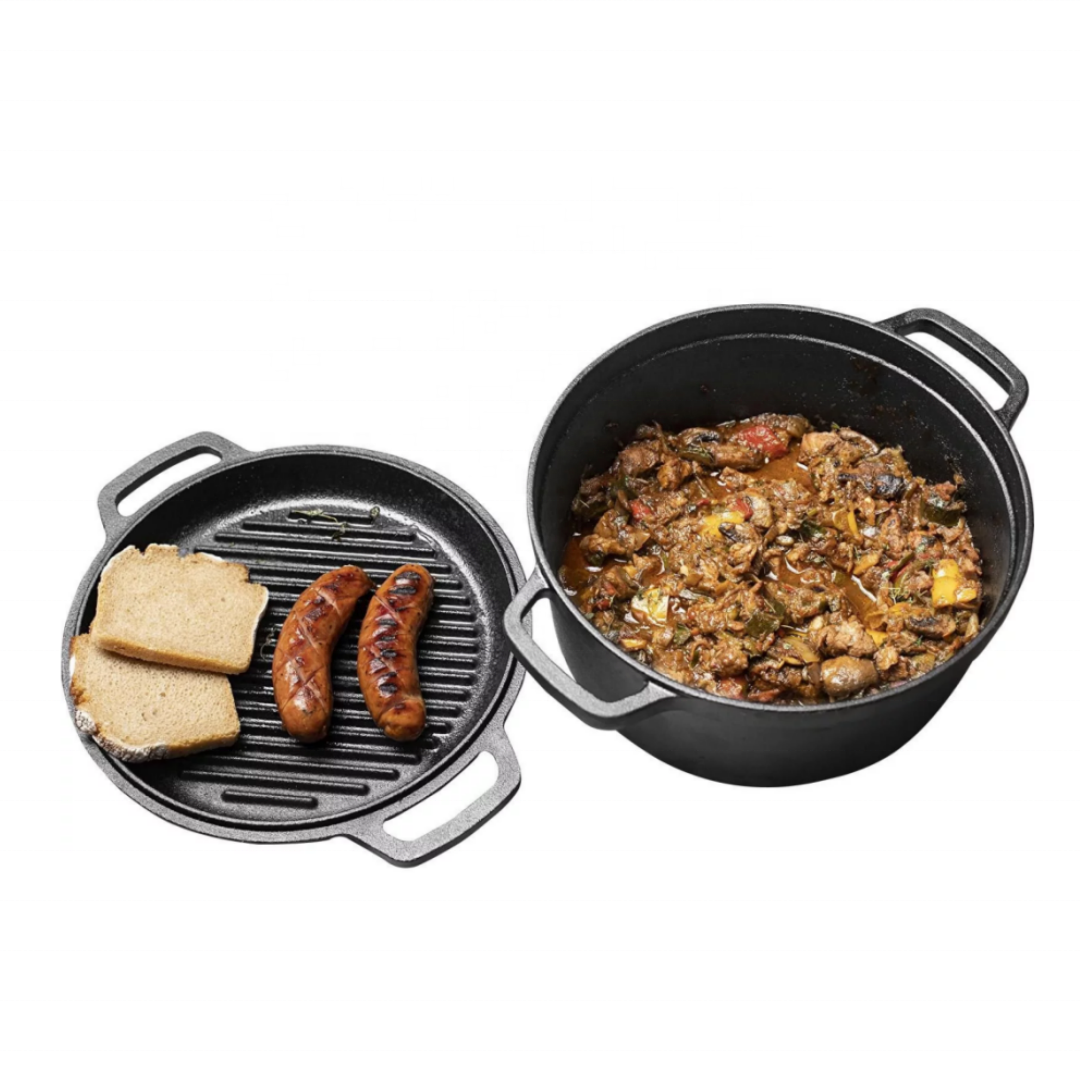 Pre-Seasoned Cast Iron Dutch Oven – 2-in-1 Pot With Skillet Pan Combo Cooker