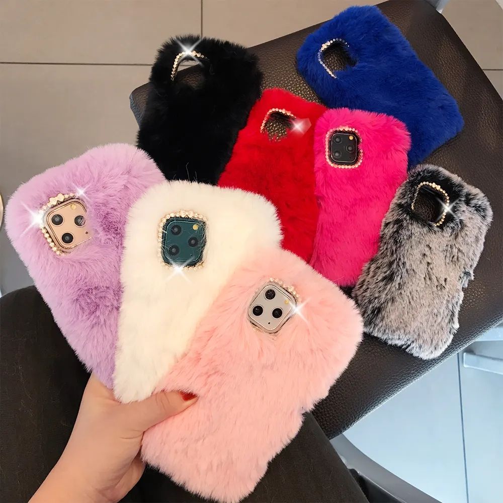 Luxury Diamond Love Fluffy Plush Fur Phone Case For iPhone X–17 Pro Max