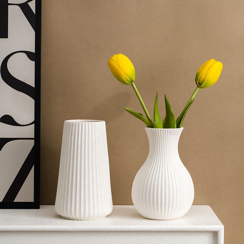 Handmade White Ceramic Vase – Contemporary Striped Bisque Vase For Pampas Grass & Decoration