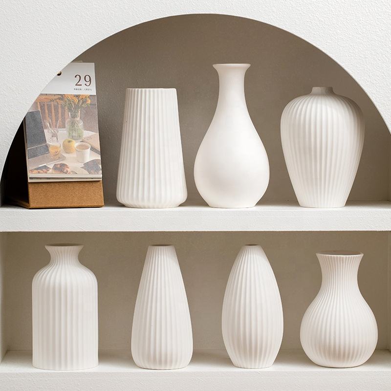 Handmade White Ceramic Vase – Contemporary Striped Bisque Vase For Pampas Grass & Decoration