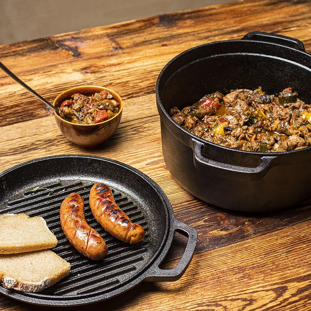 Pre-Seasoned Cast Iron Dutch Oven – 2-in-1 Pot With Skillet Pan Combo Cooker