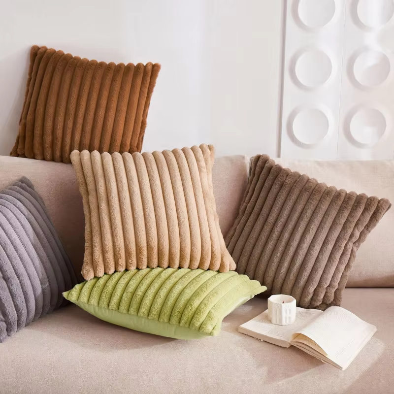 Fleece Sofa Cushion Covers – High-Quality Woven Striped Square Pillow Cases