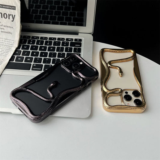 2025 Creative Snake Design Hollow Electroplated TPU Phone Case For iPhone 12–17 Pro Max – Stylish Mobile Cover For Girls