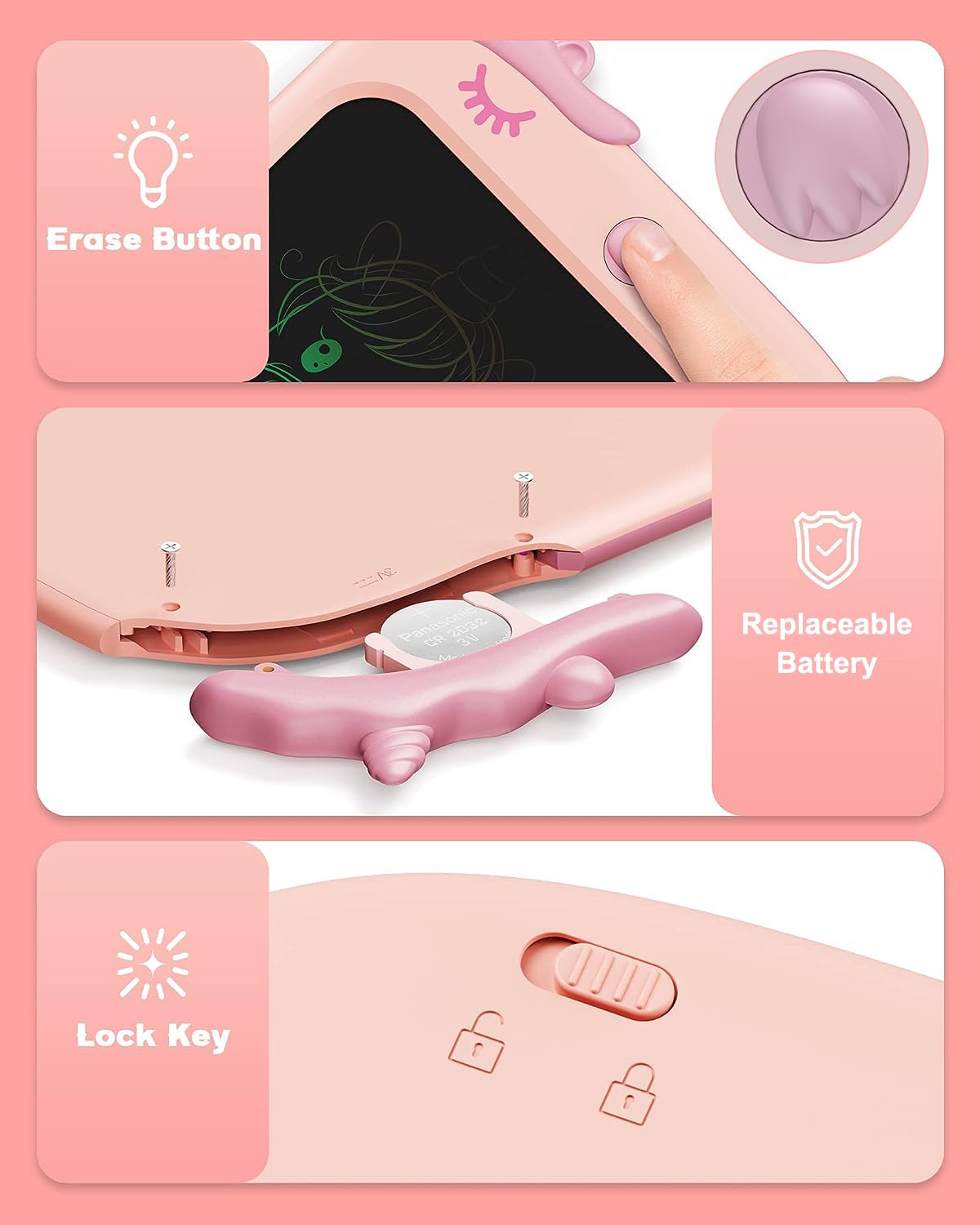 10-Inch LCD Writing Tablet For Kids | Unicorn Drawing & Doodle Board | Educational Toy For Writing, Drawing & Travel | Birthday Gift For Girls 3–9 Years (Pink)