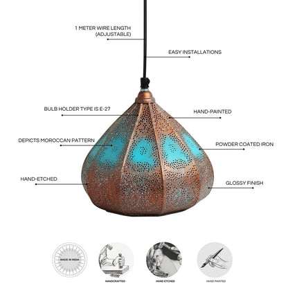 8.6 Inch Iron Pendant Hanging Light – Copper & Blue Glossy Finish Ceiling Lamp For Living Room & Bedroom