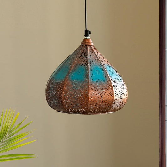 8.6 Inch Iron Pendant Hanging Light – Copper & Blue Glossy Finish Ceiling Lamp For Living Room & Bedroom