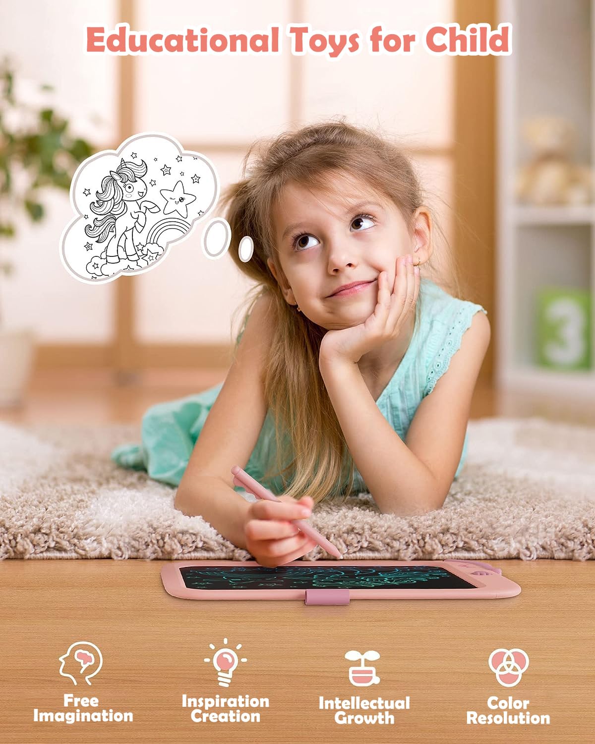 10-Inch LCD Writing Tablet For Kids | Unicorn Drawing & Doodle Board | Educational Toy For Writing, Drawing & Travel | Birthday Gift For Girls 3–9 Years (Pink)