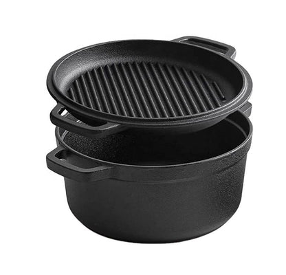 Pre-Seasoned Cast Iron Dutch Oven – 2-in-1 Pot With Skillet Pan Combo Cooker
