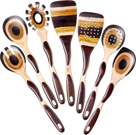 7Pcs Wooden Cooking Utensil Set – Handmade Pakkawood Spoons & Spatulas For Kitchen