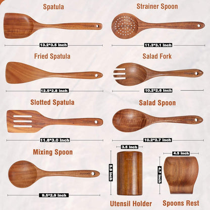 Natural Teak Wooden Kitchen Utensil Set – Cooking Spoons With Holder & Spoon Rest