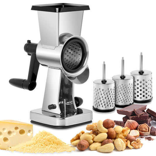 Rotary Cheese Grater With 3 Drum Blades – Hand Crank Vegetable Slicer & Strong Suction Base