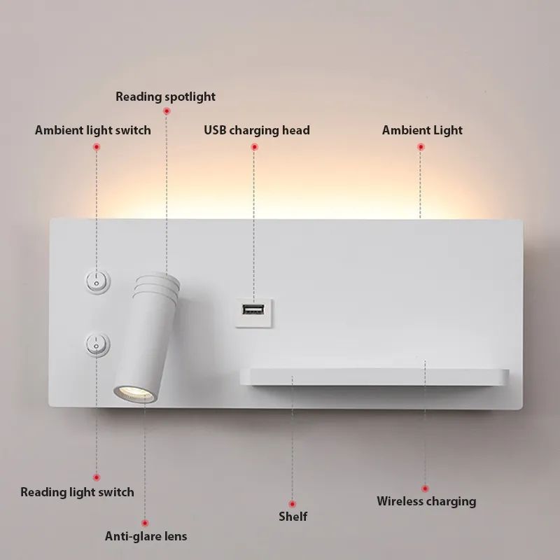 Multifunction LED Wall Lamp – Bedside Sconce with USB & Wireless Phone Charging