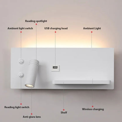 Multifunction LED Wall Lamp – Bedside Sconce with USB & Wireless Phone Charging