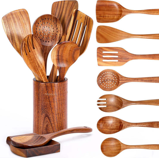 Natural Teak Wooden Kitchen Utensil Set – Cooking Spoons With Holder & Spoon Rest
