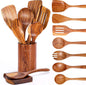 Natural Teak Wooden Kitchen Utensil Set – Cooking Spoons With Holder & Spoon Rest