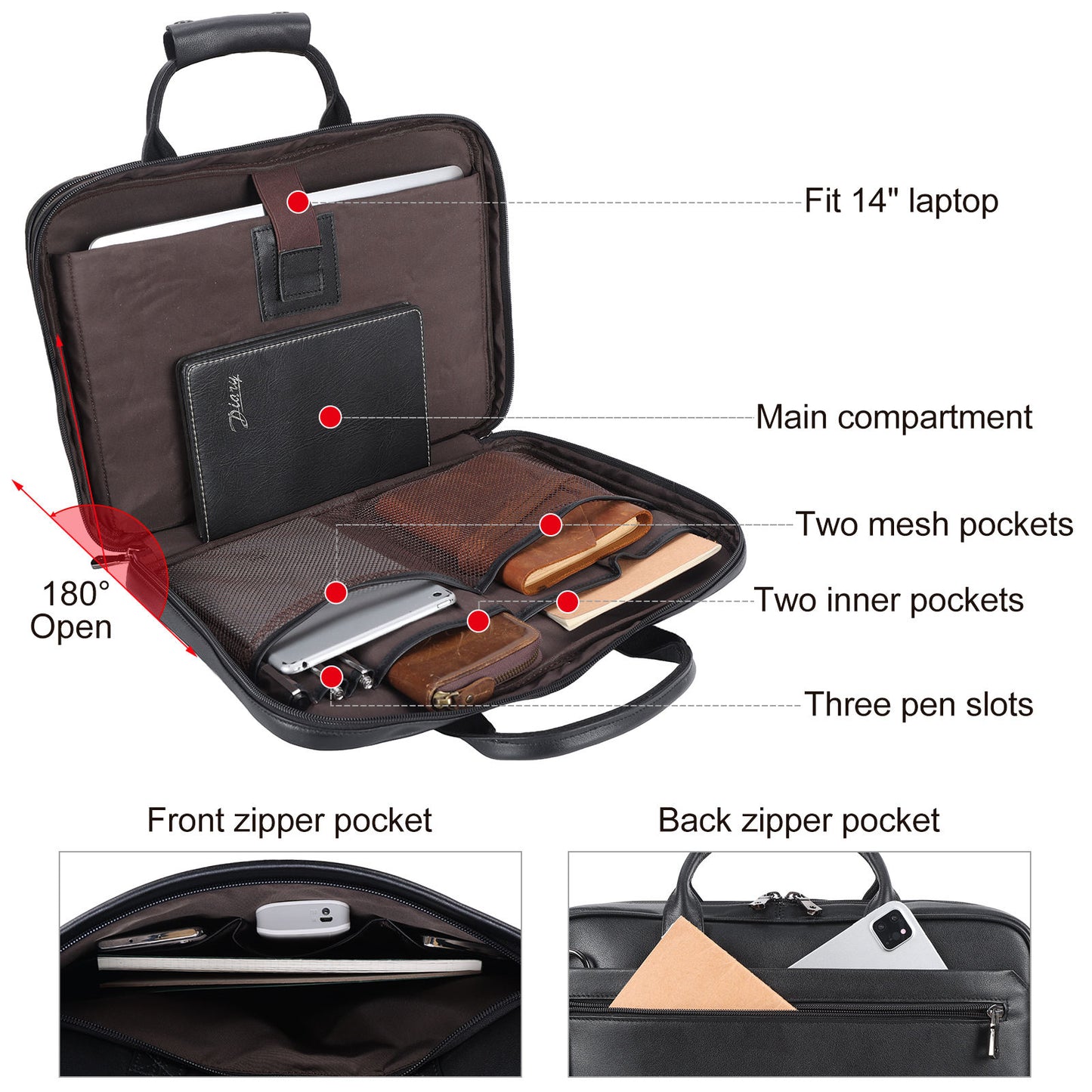 New Arrival Black Leather Office Briefcase – Men’s Business 14’’ Laptop Portfolio Bag