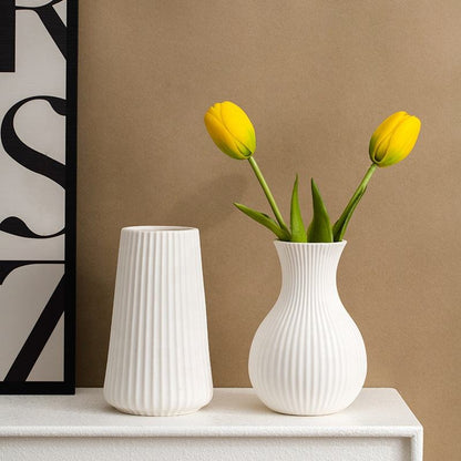 Handmade White Ceramic Vase – Contemporary Striped Bisque Vase For Pampas Grass & Decoration